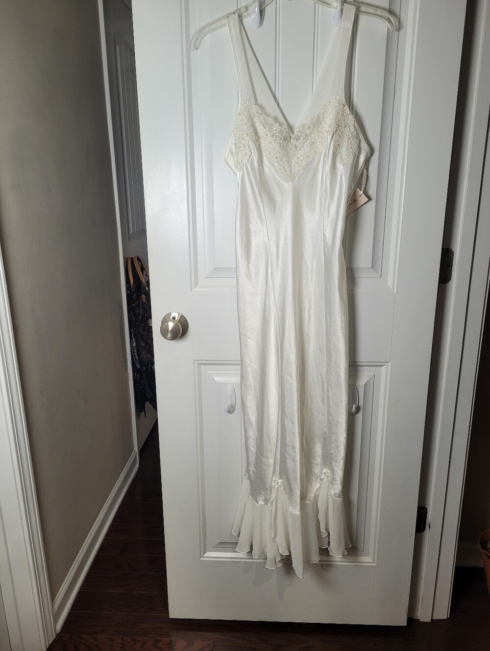 Silk-Look Ivory Slip Dress with pearls and lace trim. NWT  Medium